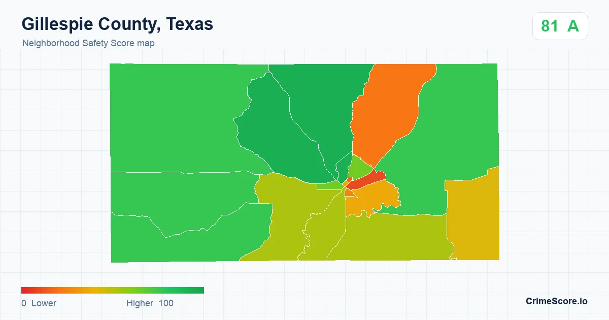 Gillespie County, Texas neighborhood Safety Score map by Census block group