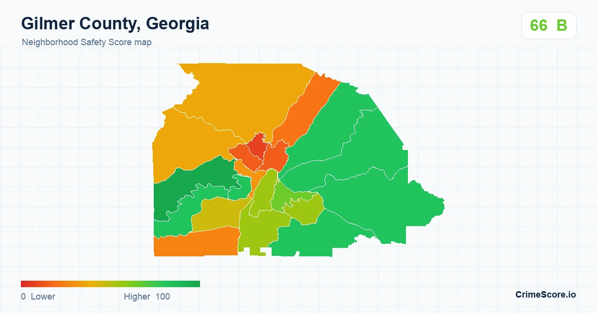 Gilmer County, Georgia neighborhood Safety Score map by Census block group
