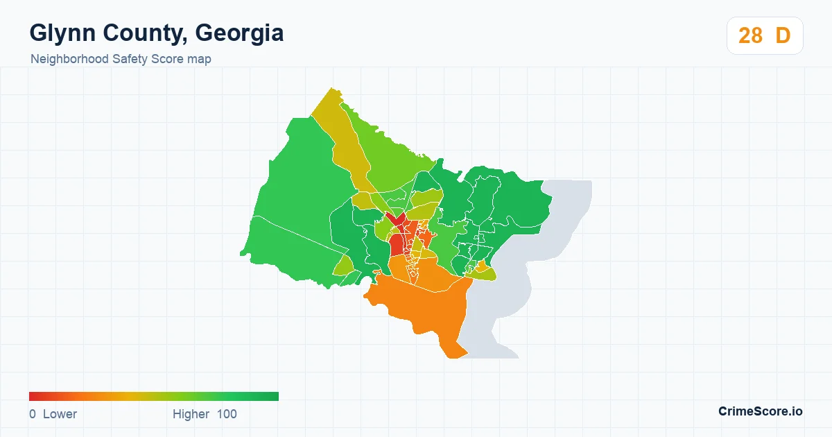 Glynn County, Georgia neighborhood Safety Score map by Census block group