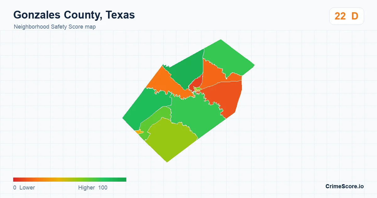 Gonzales County, Texas neighborhood Safety Score map by Census block group