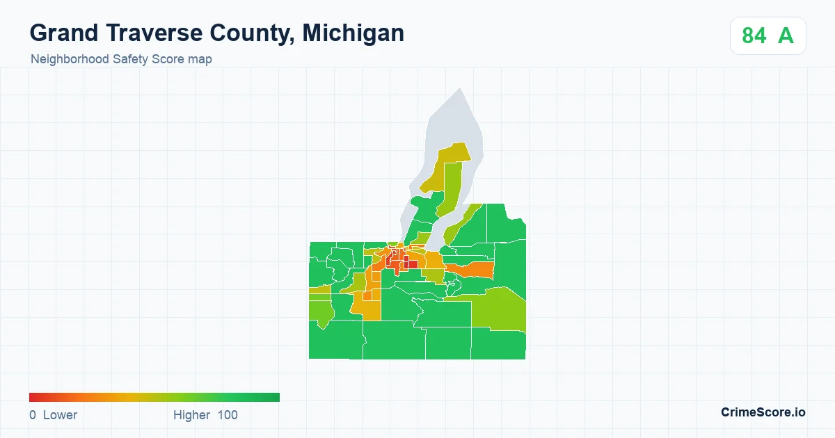 Grand Traverse County, Michigan neighborhood Safety Score map by Census block group