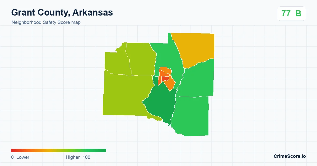 Grant County, Arkansas neighborhood Safety Score map by Census block group