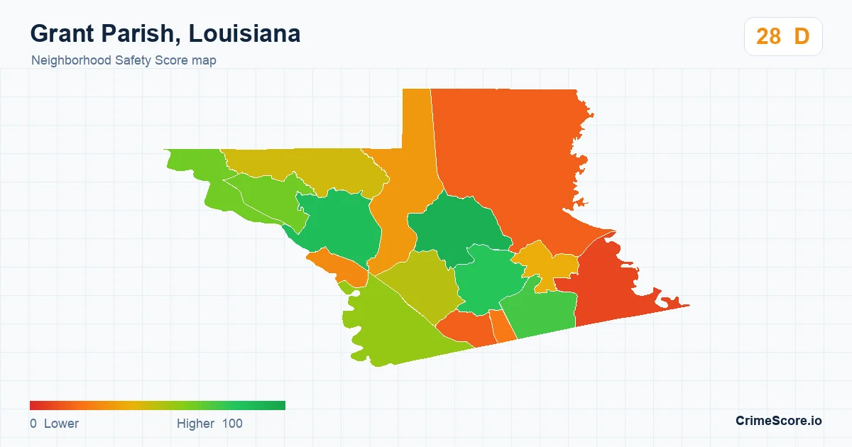 Grant Parish, Louisiana neighborhood Safety Score map by Census block group