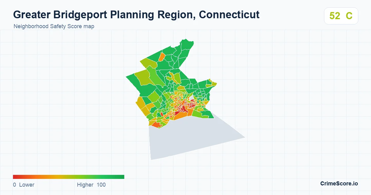 Greater Bridgeport Planning Region, Connecticut neighborhood Safety Score map by Census block group