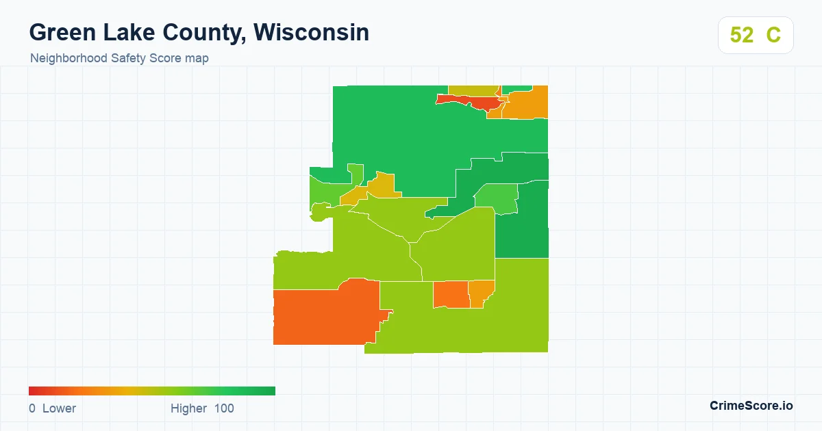 Green Lake County, Wisconsin neighborhood Safety Score map by Census block group