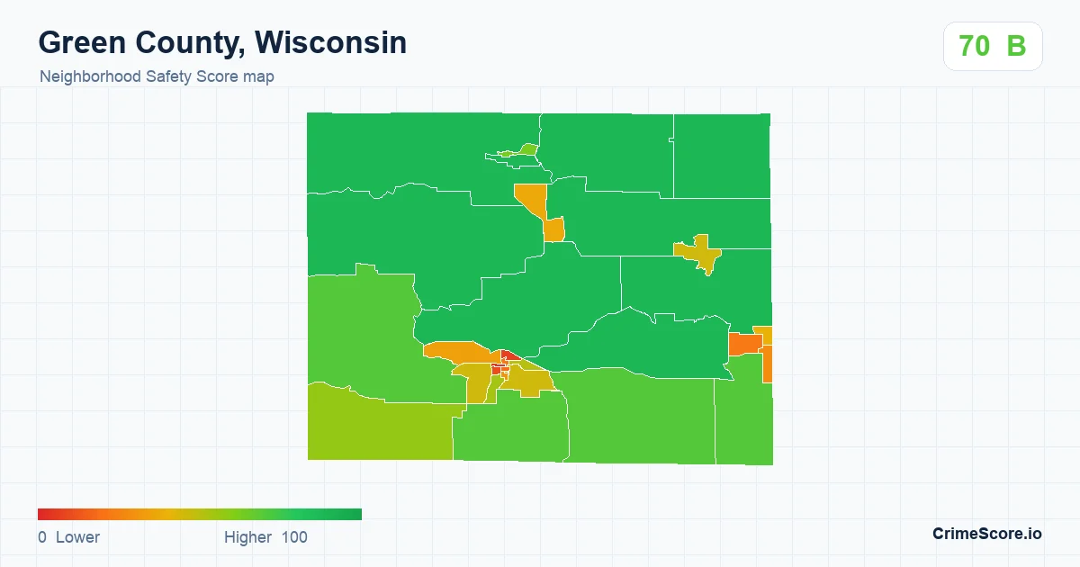 Green County, Wisconsin neighborhood Safety Score map by Census block group