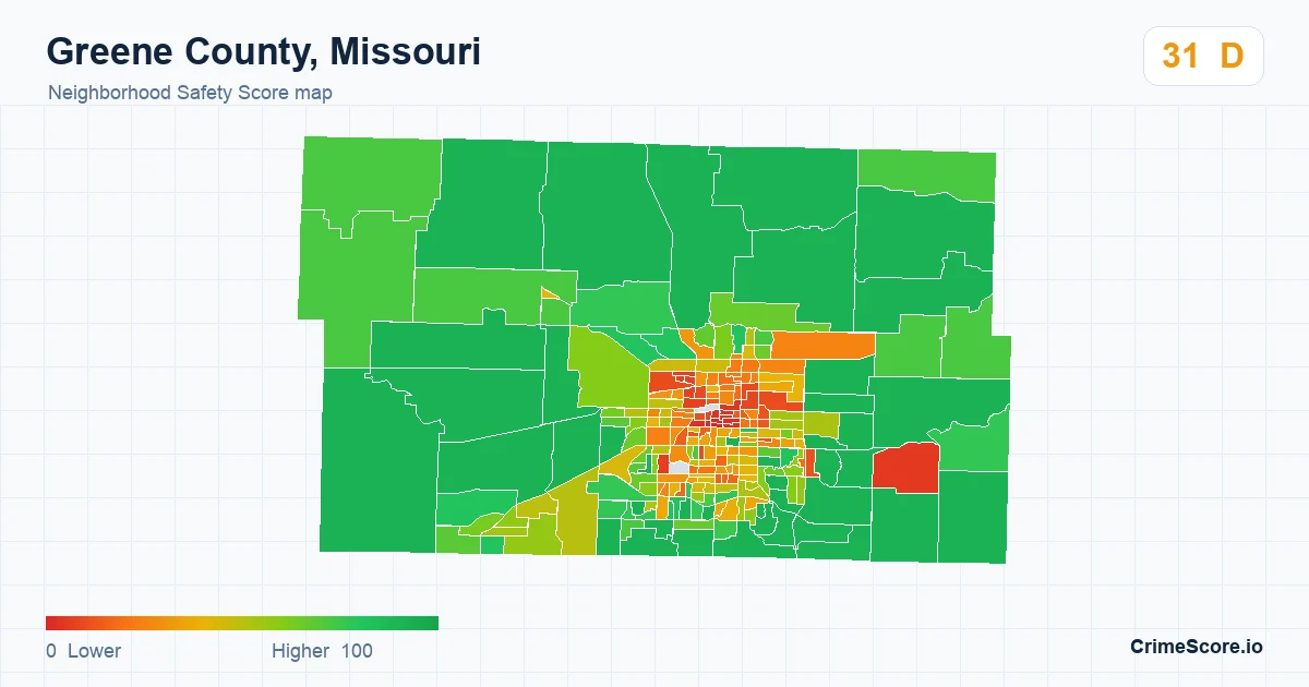 Greene County, Missouri neighborhood Safety Score map by Census block group