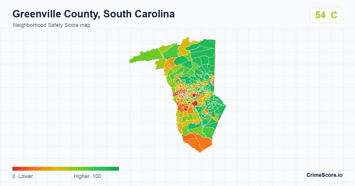 Greenville County, South Carolina neighborhood Safety Score map by Census block group