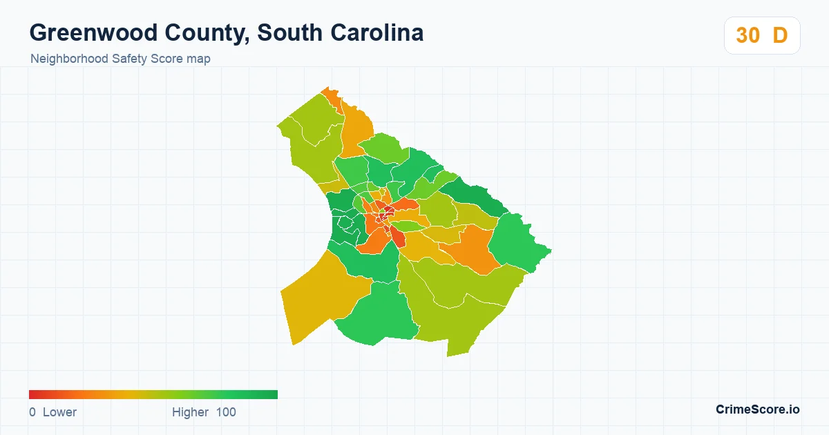 Greenwood County, South Carolina neighborhood Safety Score map by Census block group