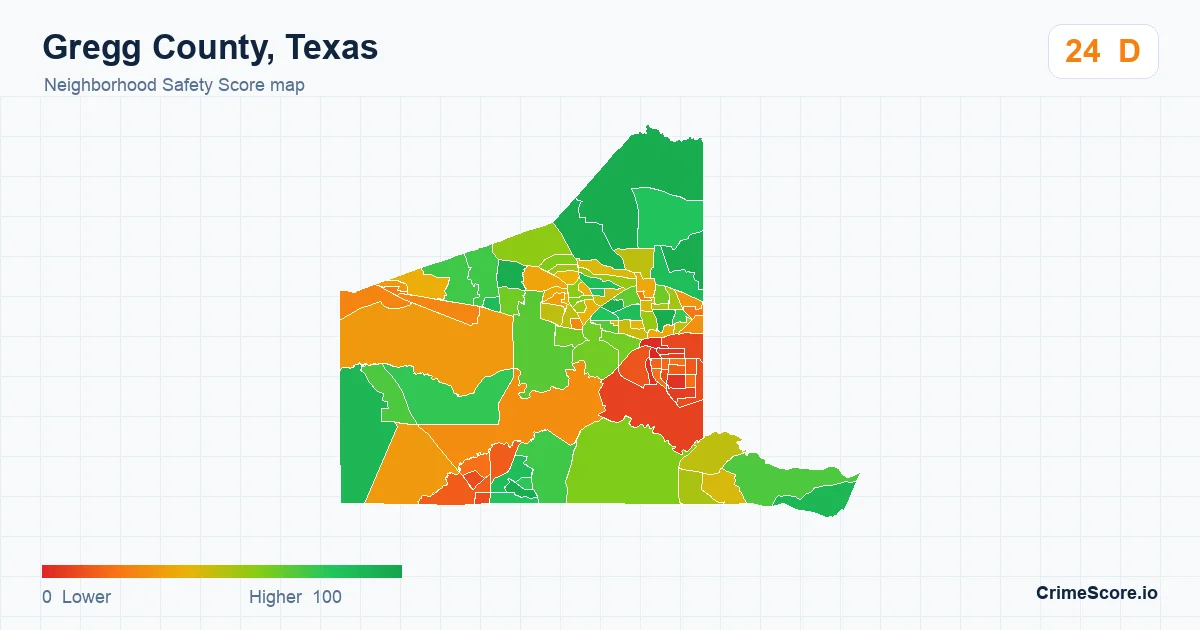 Gregg County, Texas neighborhood Safety Score map by Census block group