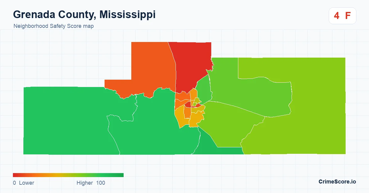 Grenada County, Mississippi neighborhood Safety Score map by Census block group