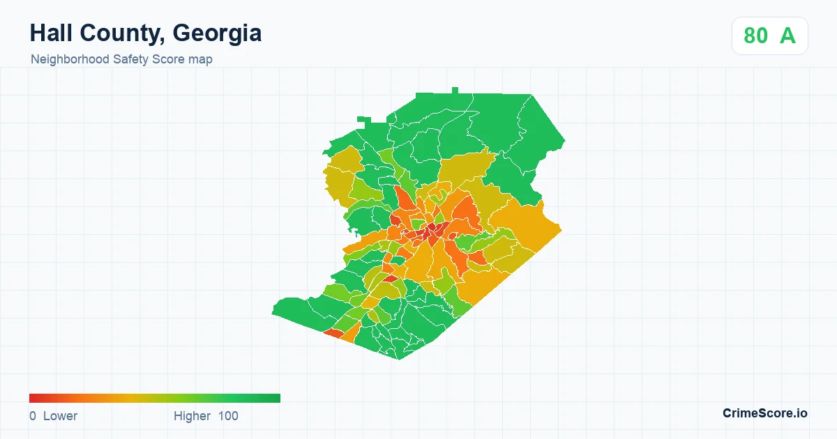 Hall County, Georgia neighborhood Safety Score map by Census block group
