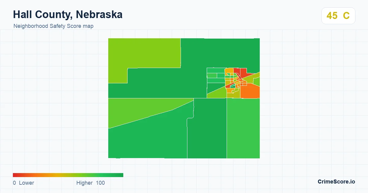 Hall County, Nebraska neighborhood Safety Score map by Census block group