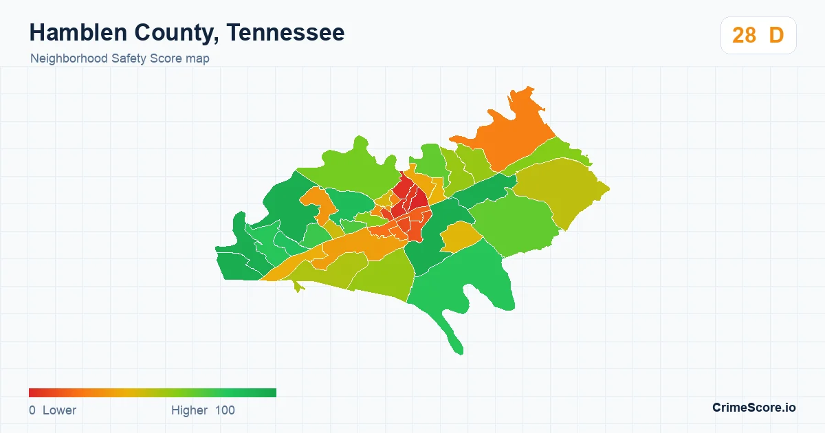 Hamblen County, Tennessee neighborhood Safety Score map by Census block group