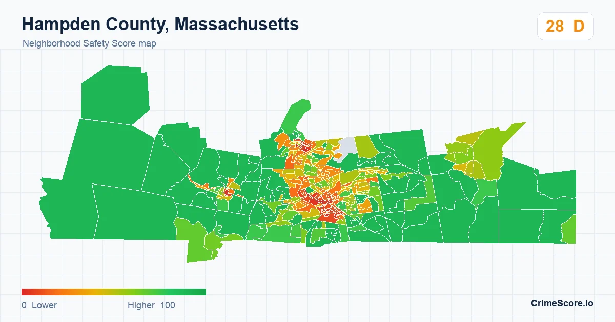Hampden County, Massachusetts neighborhood Safety Score map by Census block group