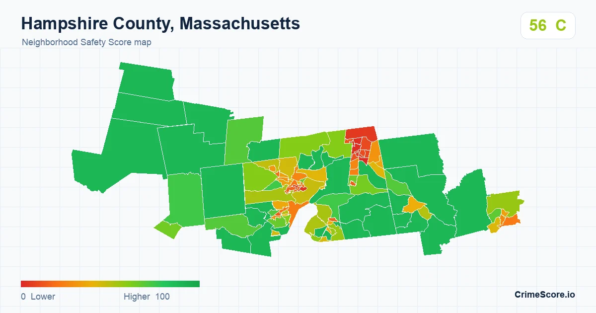 Hampshire County, Massachusetts neighborhood Safety Score map by Census block group