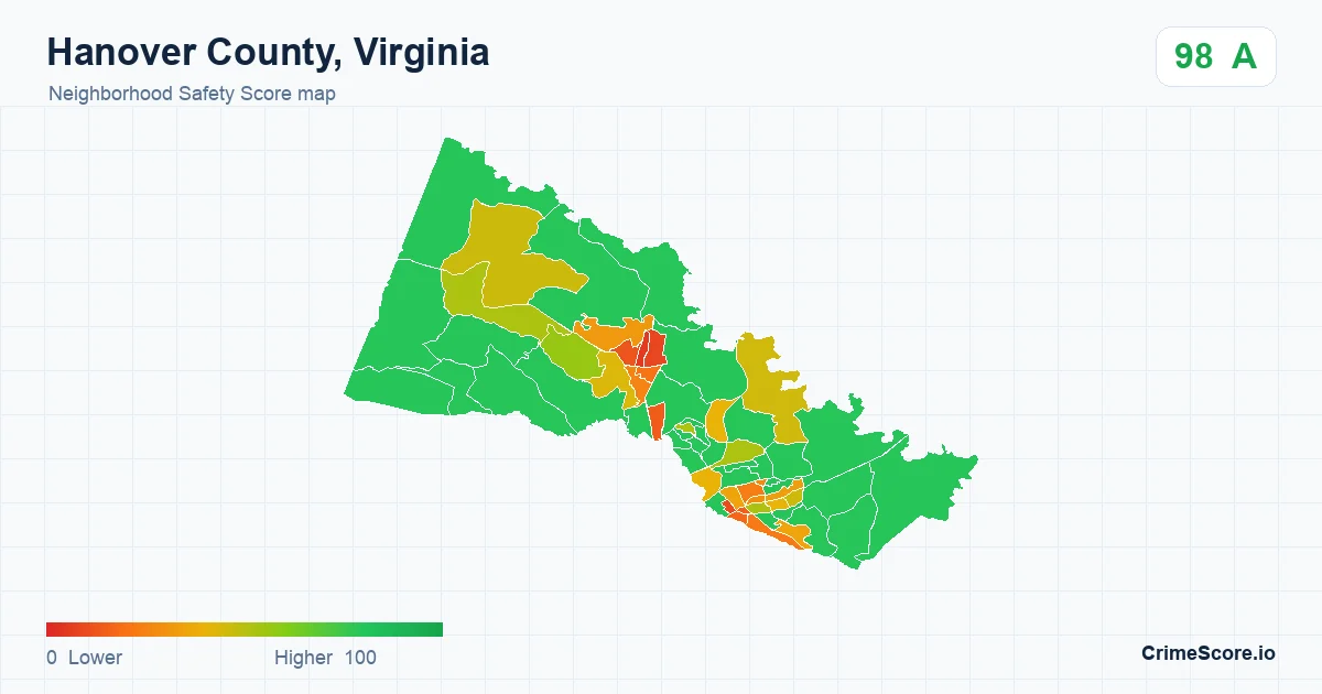 Hanover County, Virginia neighborhood Safety Score map by Census block group