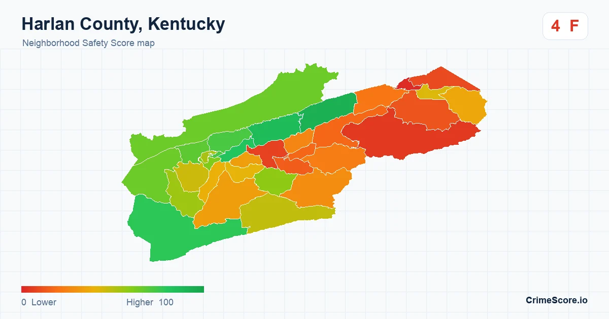 Harlan County, Kentucky neighborhood Safety Score map by Census block group