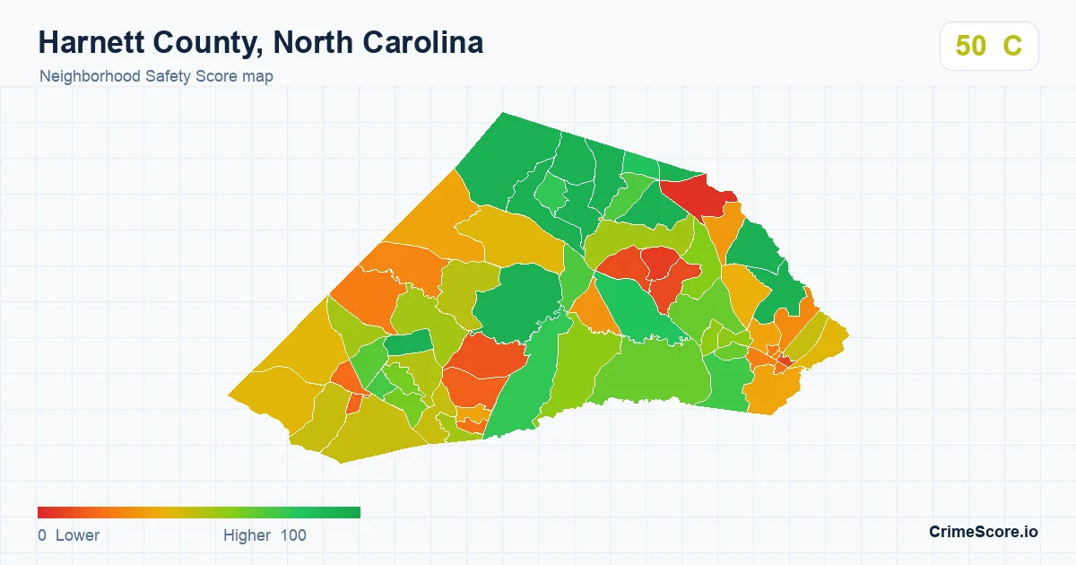 Harnett County, North Carolina neighborhood Safety Score map by Census block group