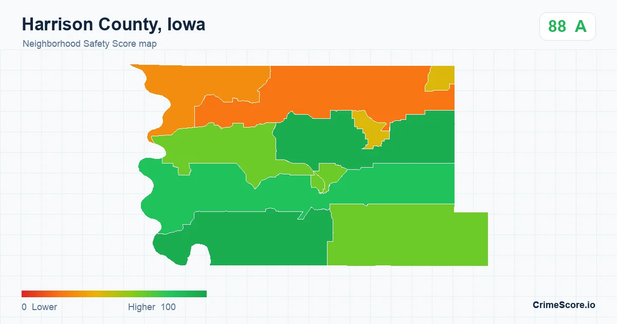 Harrison County, Iowa neighborhood Safety Score map by Census block group