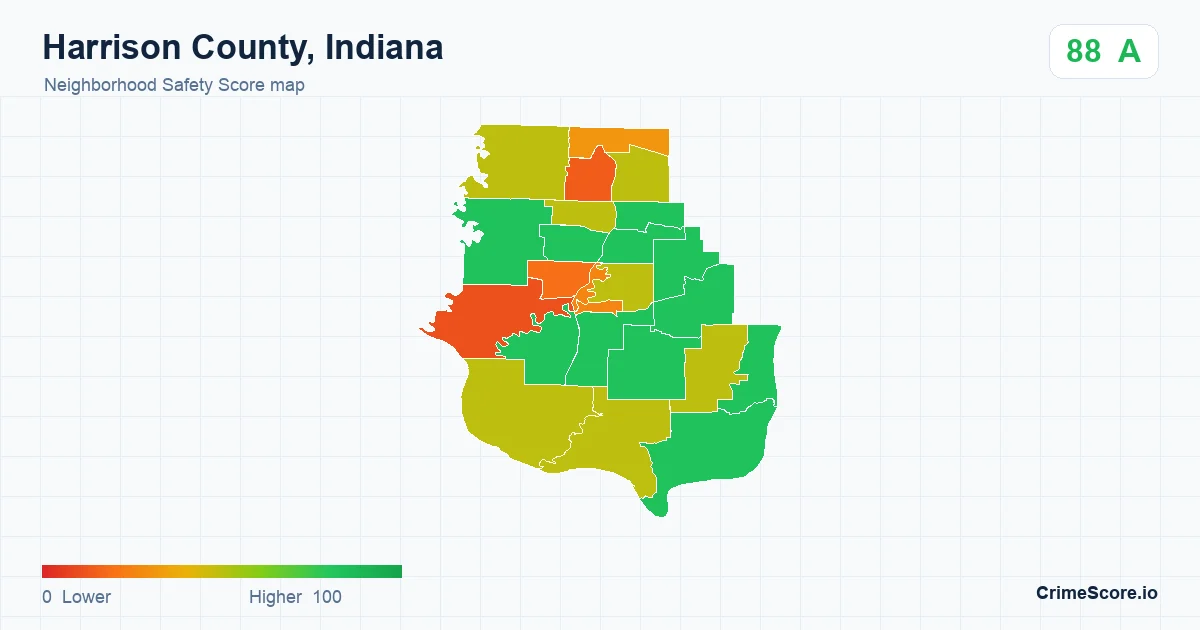 Harrison County, Indiana neighborhood Safety Score map by Census block group