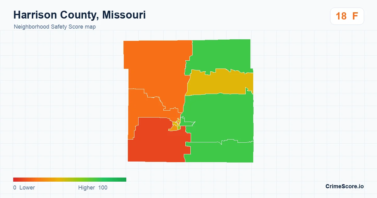 Harrison County, Missouri neighborhood Safety Score map by Census block group