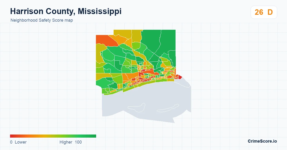 Harrison County, Mississippi neighborhood Safety Score map by Census block group
