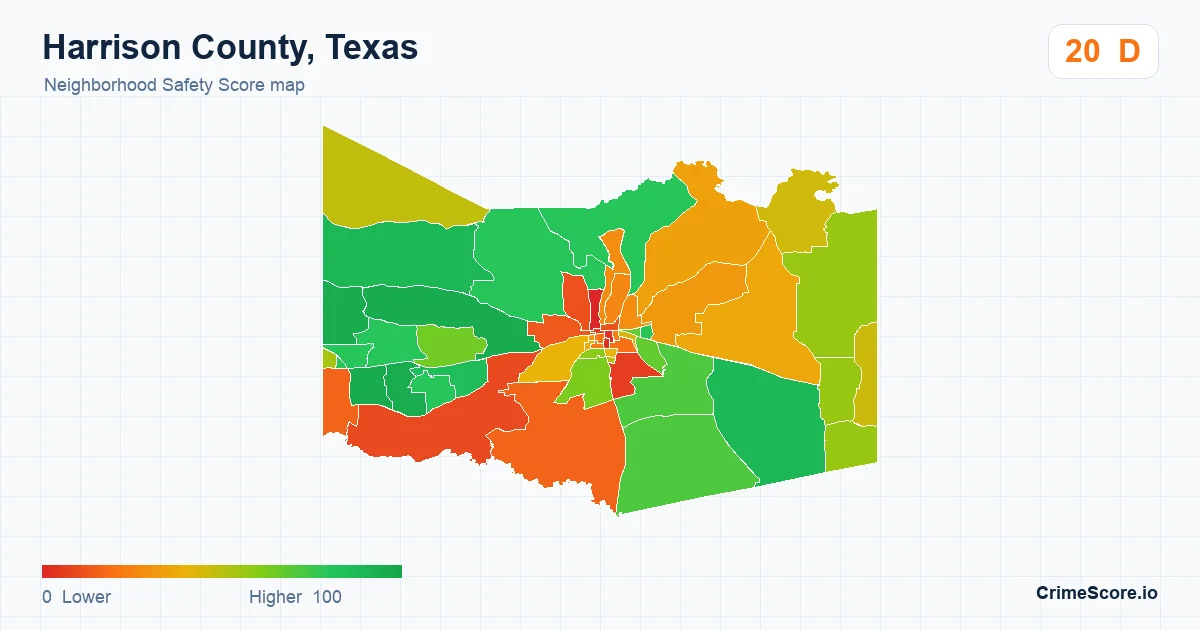 Harrison County, Texas neighborhood Safety Score map by Census block group