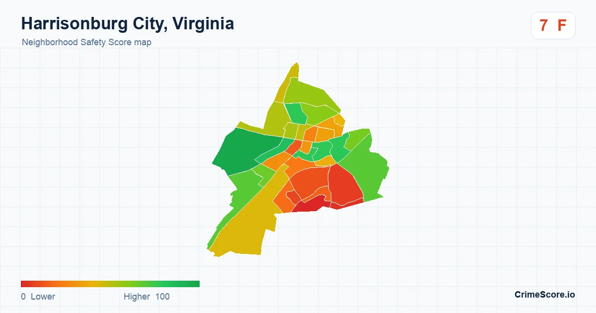 Harrisonburg City, Virginia neighborhood Safety Score map by Census block group