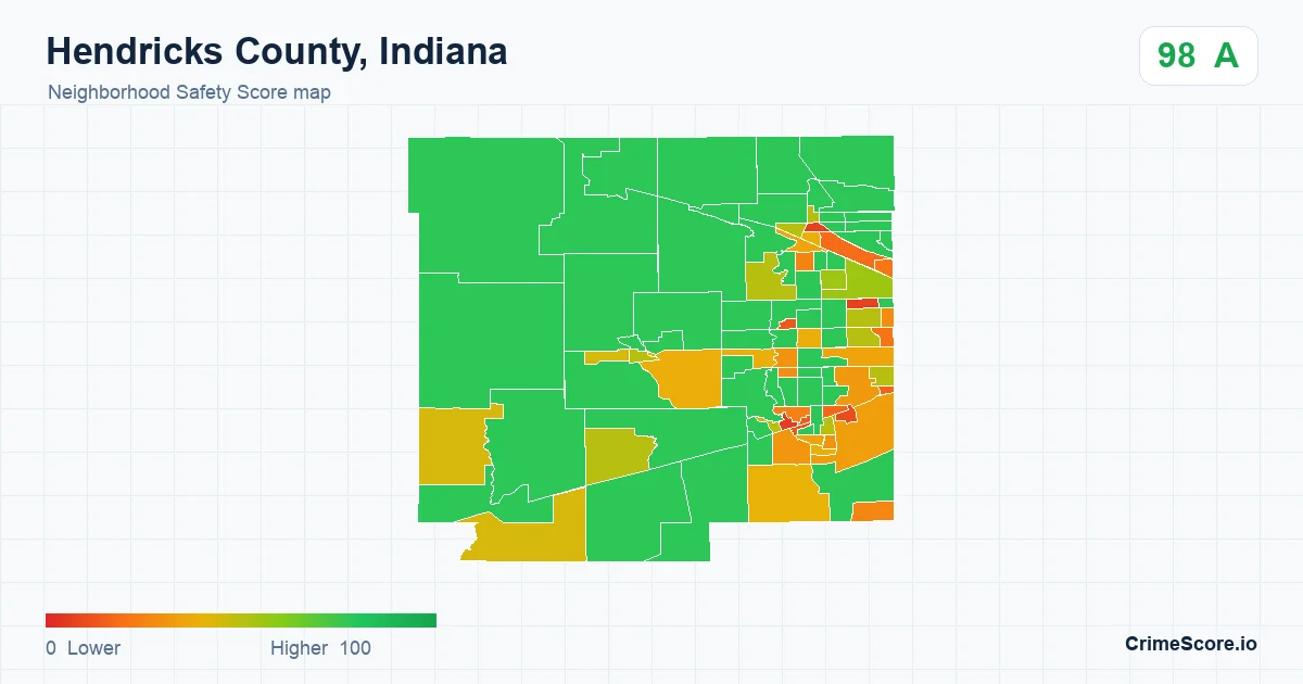 Hendricks County, Indiana neighborhood Safety Score map by Census block group