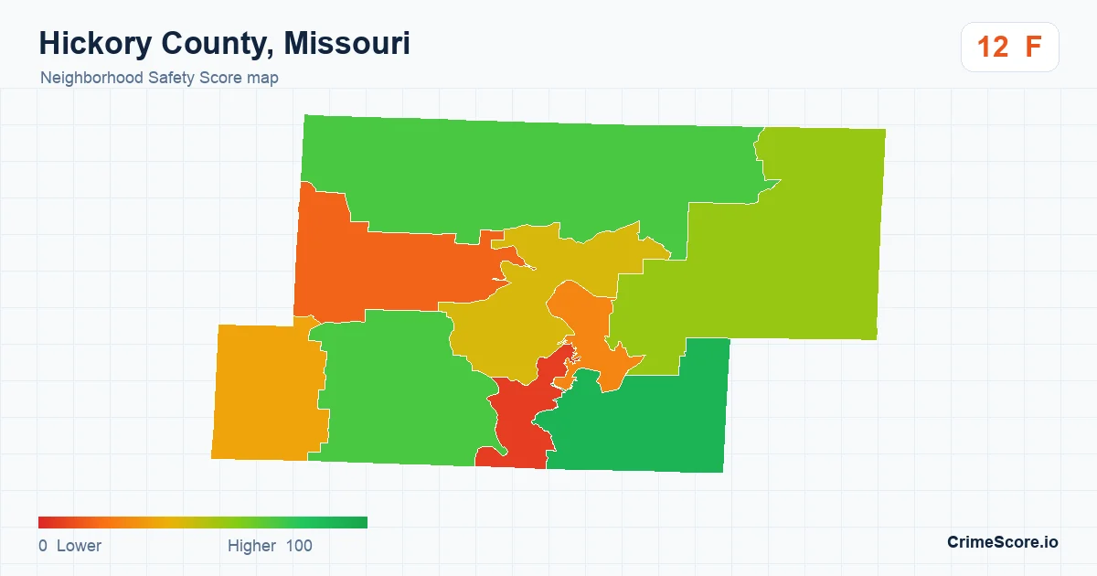 Hickory County, Missouri neighborhood Safety Score map by Census block group