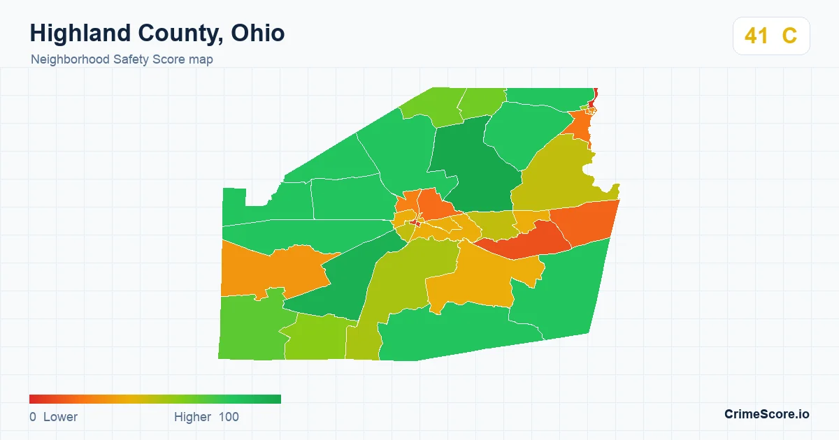 Highland County, Ohio neighborhood Safety Score map by Census block group