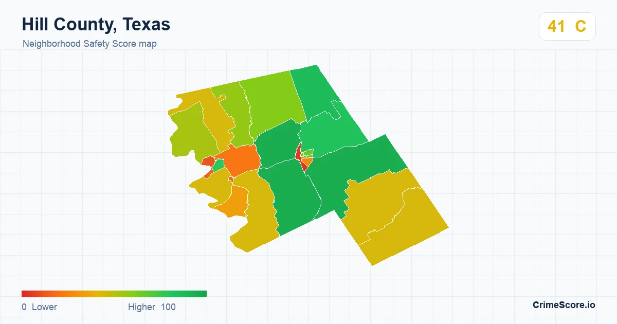 Hill County, Texas neighborhood Safety Score map by Census block group