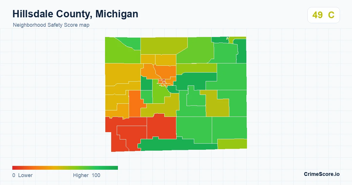 Hillsdale County, Michigan neighborhood Safety Score map by Census block group