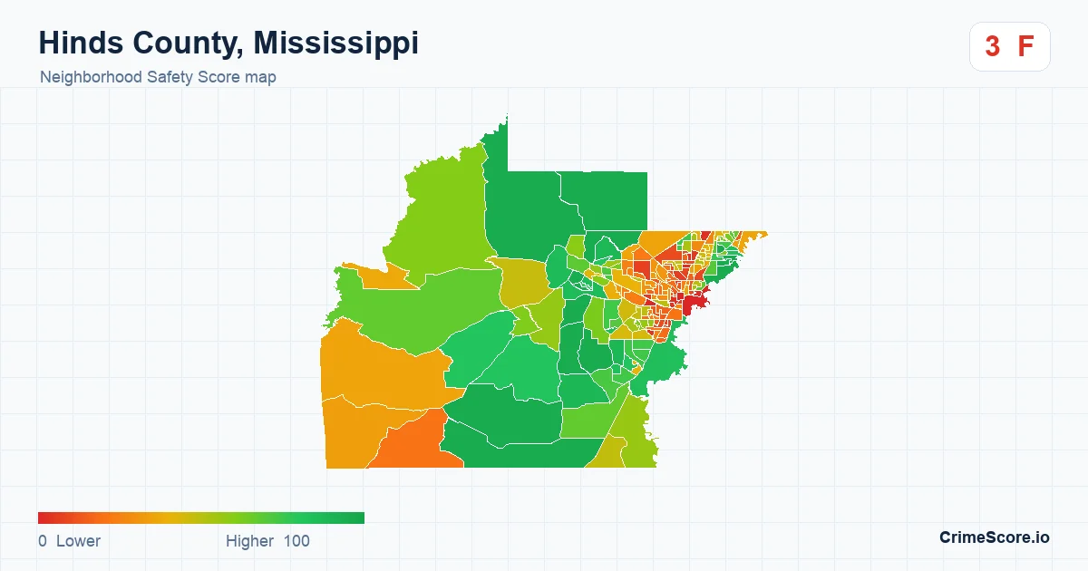 Hinds County, Mississippi neighborhood Safety Score map by Census block group
