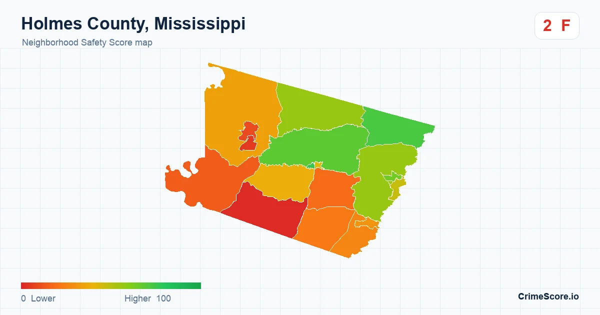 Holmes County, Mississippi neighborhood Safety Score map by Census block group
