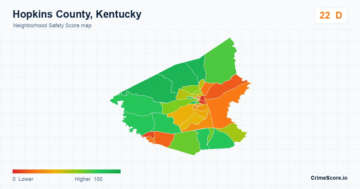 Hopkins County, Kentucky neighborhood Safety Score map by Census block group