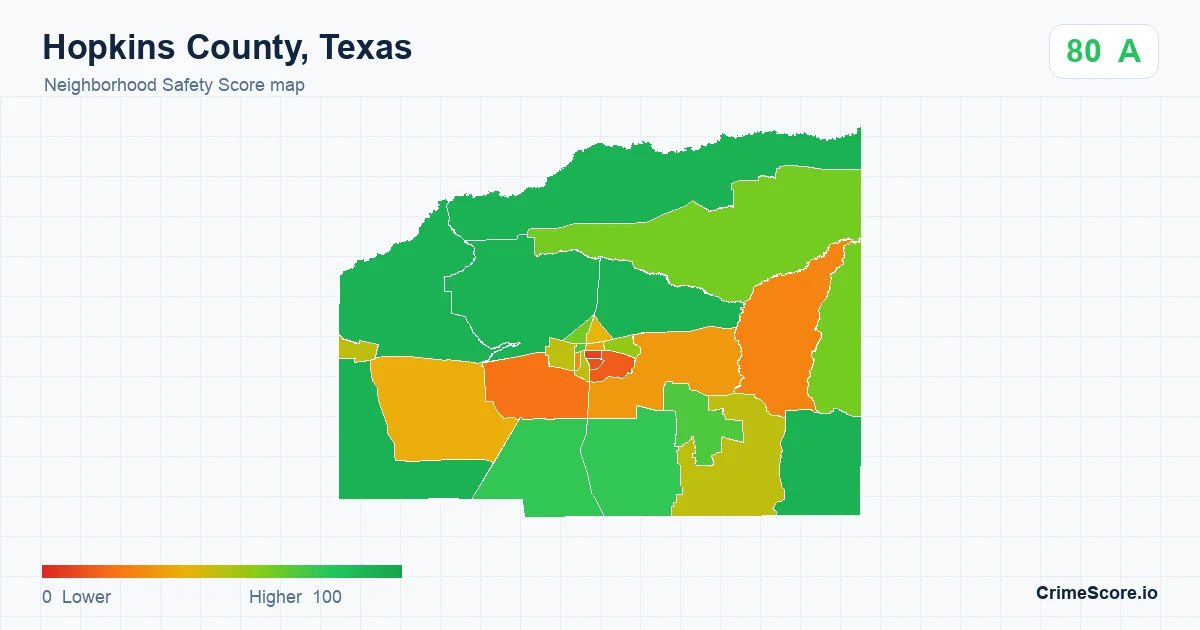 Hopkins County, Texas neighborhood Safety Score map by Census block group