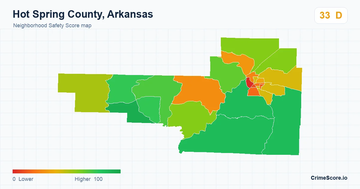 Hot Spring County, Arkansas neighborhood Safety Score map by Census block group