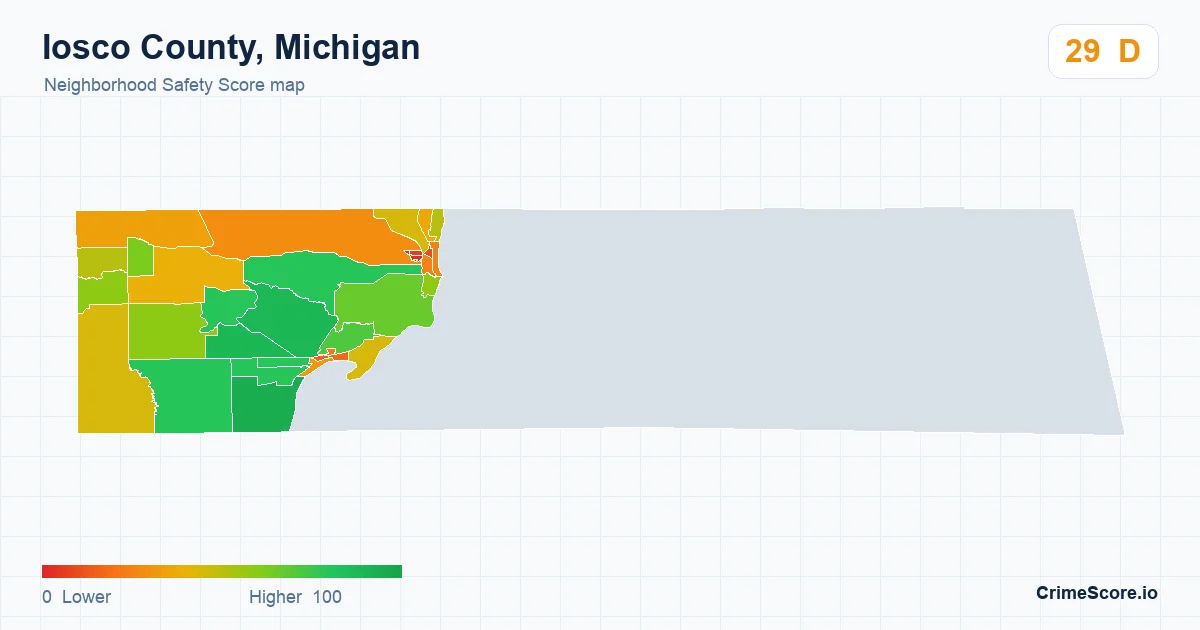 Iosco County, Michigan neighborhood Safety Score map by Census block group