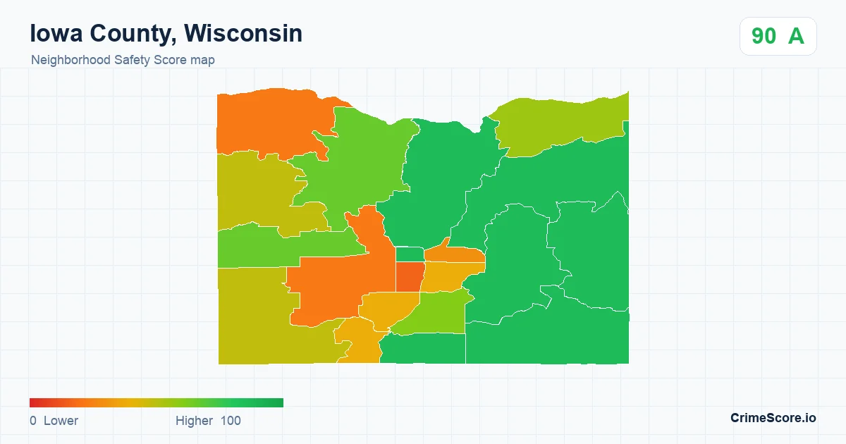 Iowa County, Wisconsin neighborhood Safety Score map by Census block group