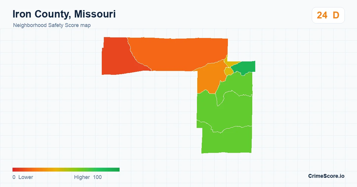 Iron County, Missouri neighborhood Safety Score map by Census block group
