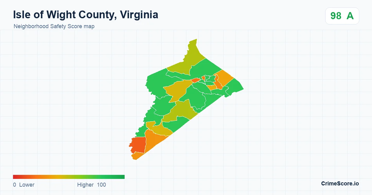 Isle of Wight County, Virginia neighborhood Safety Score map by Census block group