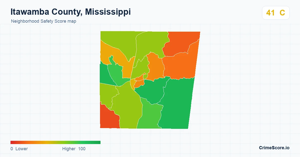 Itawamba County, Mississippi neighborhood Safety Score map by Census block group