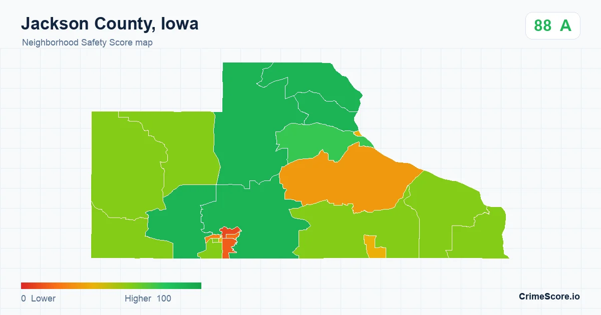 Jackson County, Iowa neighborhood Safety Score map by Census block group