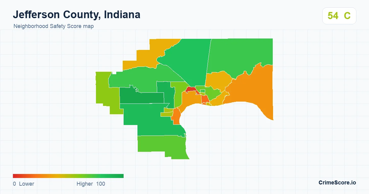 Jefferson County, Indiana neighborhood Safety Score map by Census block group