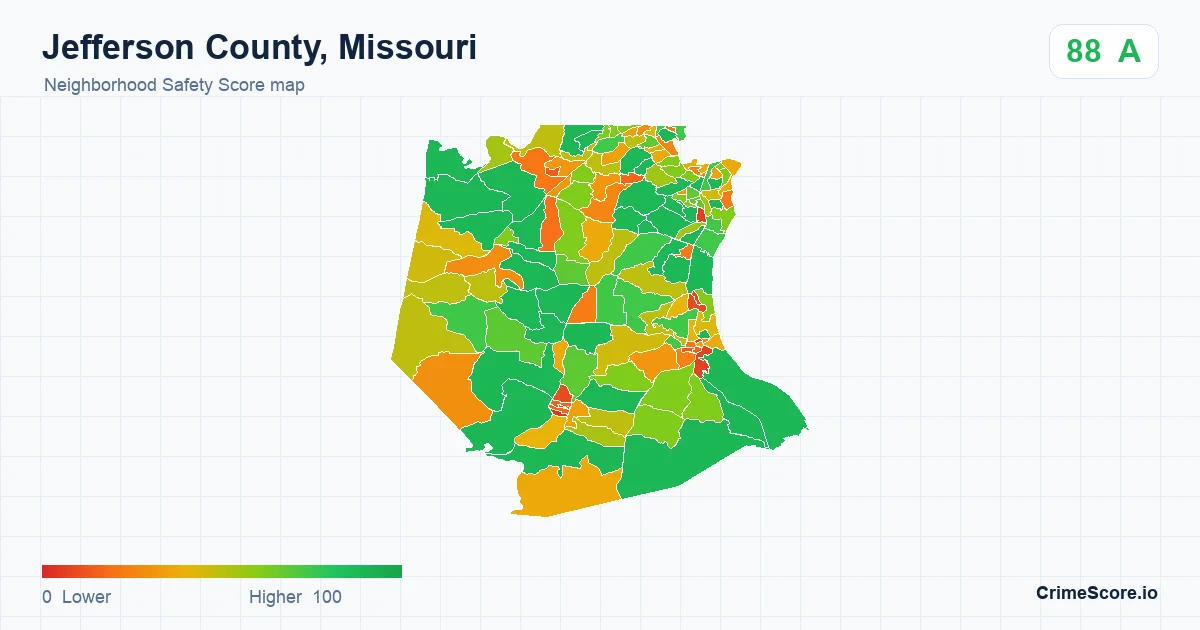 Jefferson County, Missouri neighborhood Safety Score map by Census block group