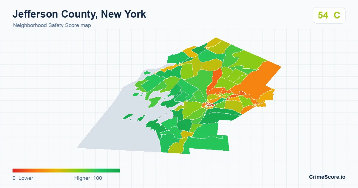 Jefferson County, New York neighborhood Safety Score map by Census block group