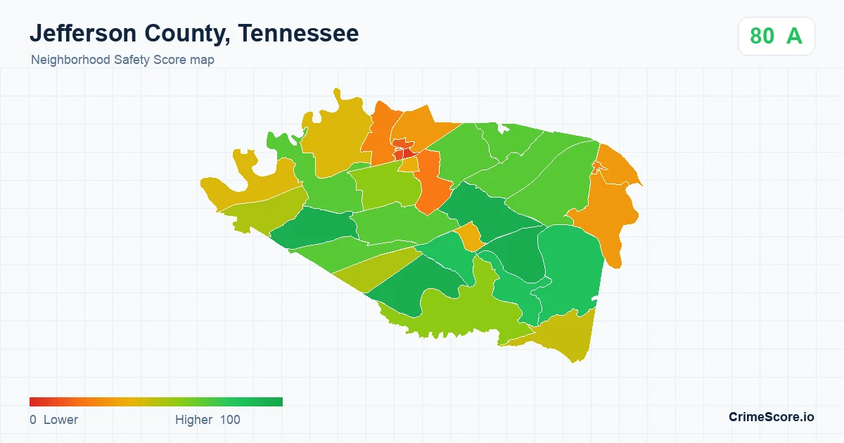 Jefferson County, Tennessee neighborhood Safety Score map by Census block group