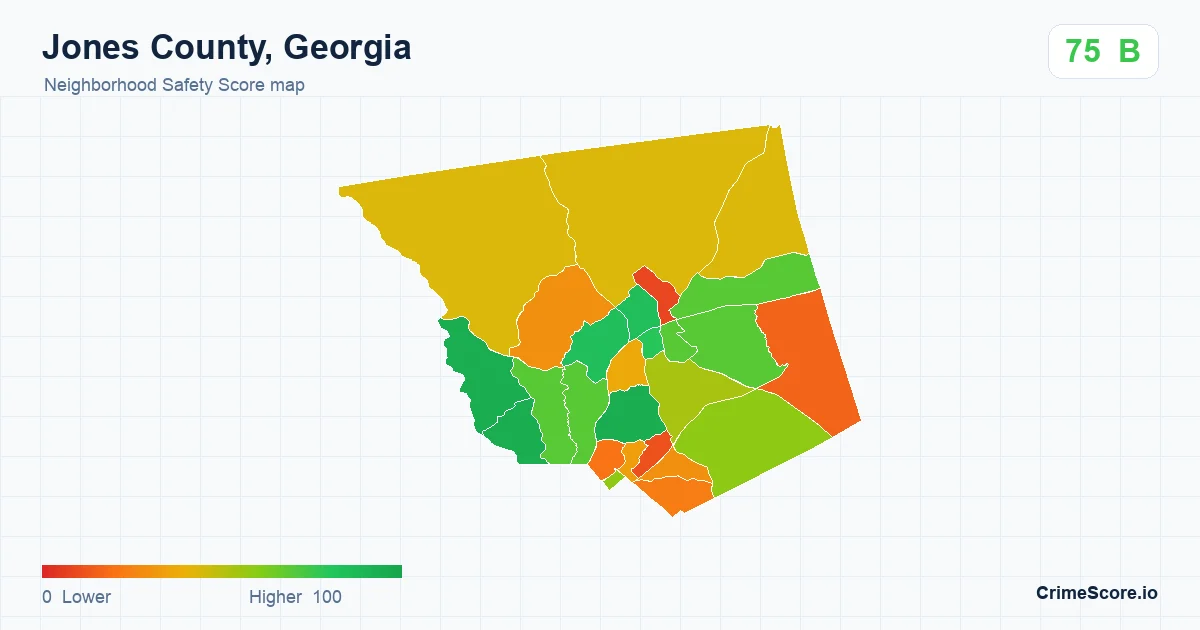 Jones County, Georgia neighborhood Safety Score map by Census block group